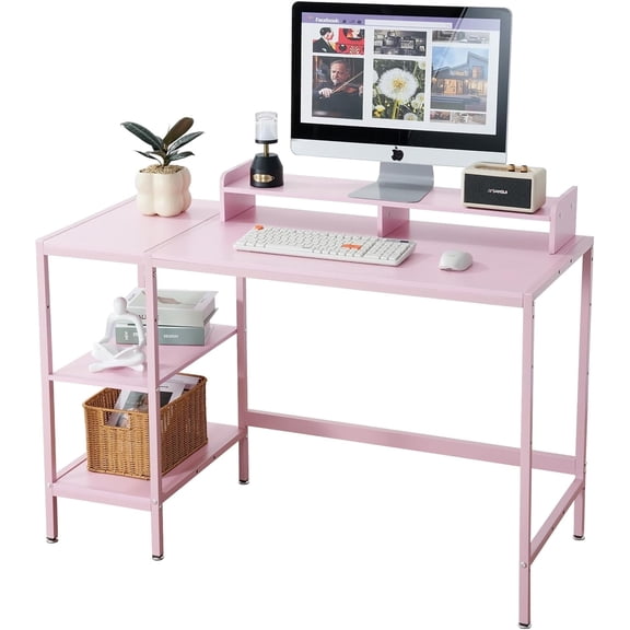 47 Inch Computer Desk with Storage Shelf Modern Writing Desk Pink