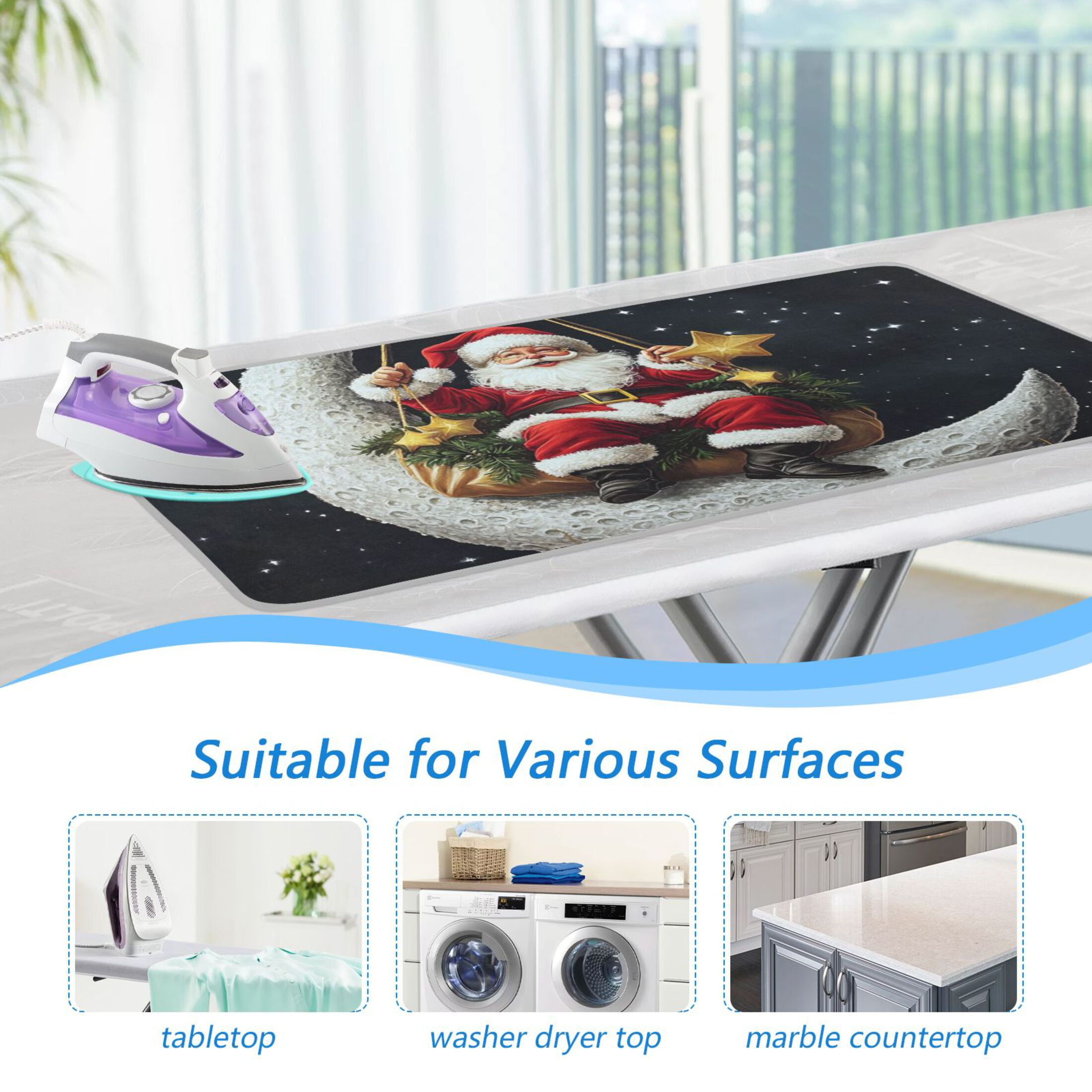Santa Claus and White Moon Ironing Mat Blanket for Table Top Travel Portable Ironing Board Pad 47.2x27.6 Inch