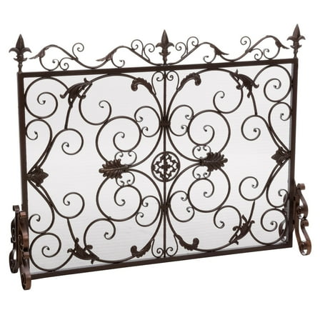 Benjara Fireplace Screen, Scrollwork Design, Iron, 45x35 Black, Gold Finish