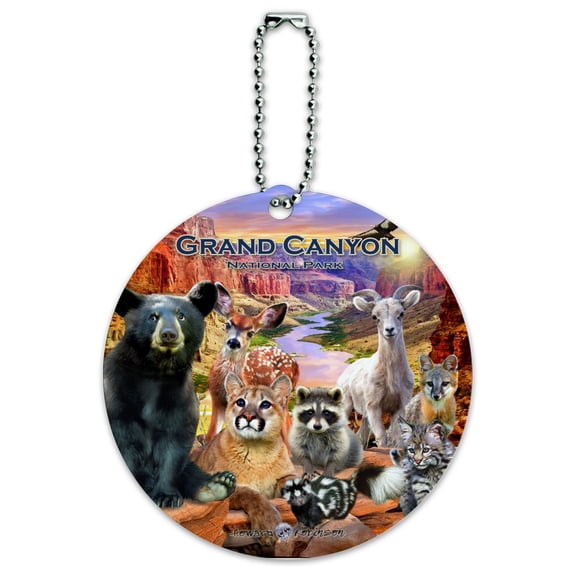 Grand Canyon National Park Arizona AZ Animals Cougar Bear Deer Raccoon Round Luggage ID Tag Card Suitcase Carry-On