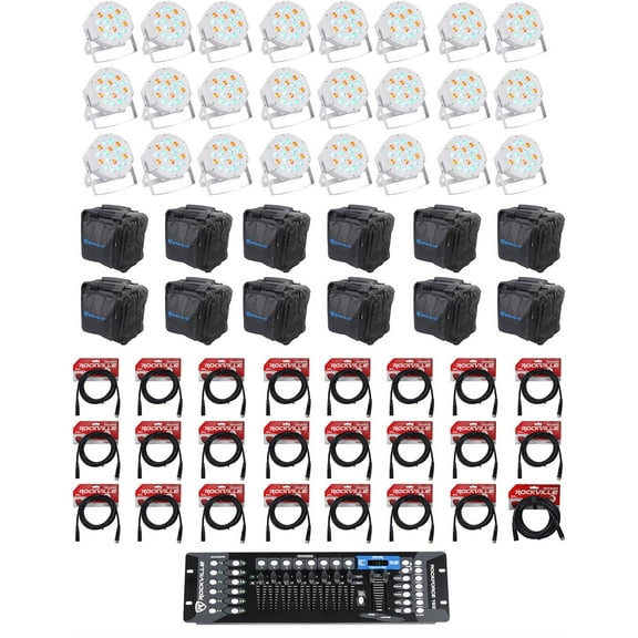 (24) Rockville RockPAR50 WHT Wash Lights 192 Ch DMX Controller Cables Bags