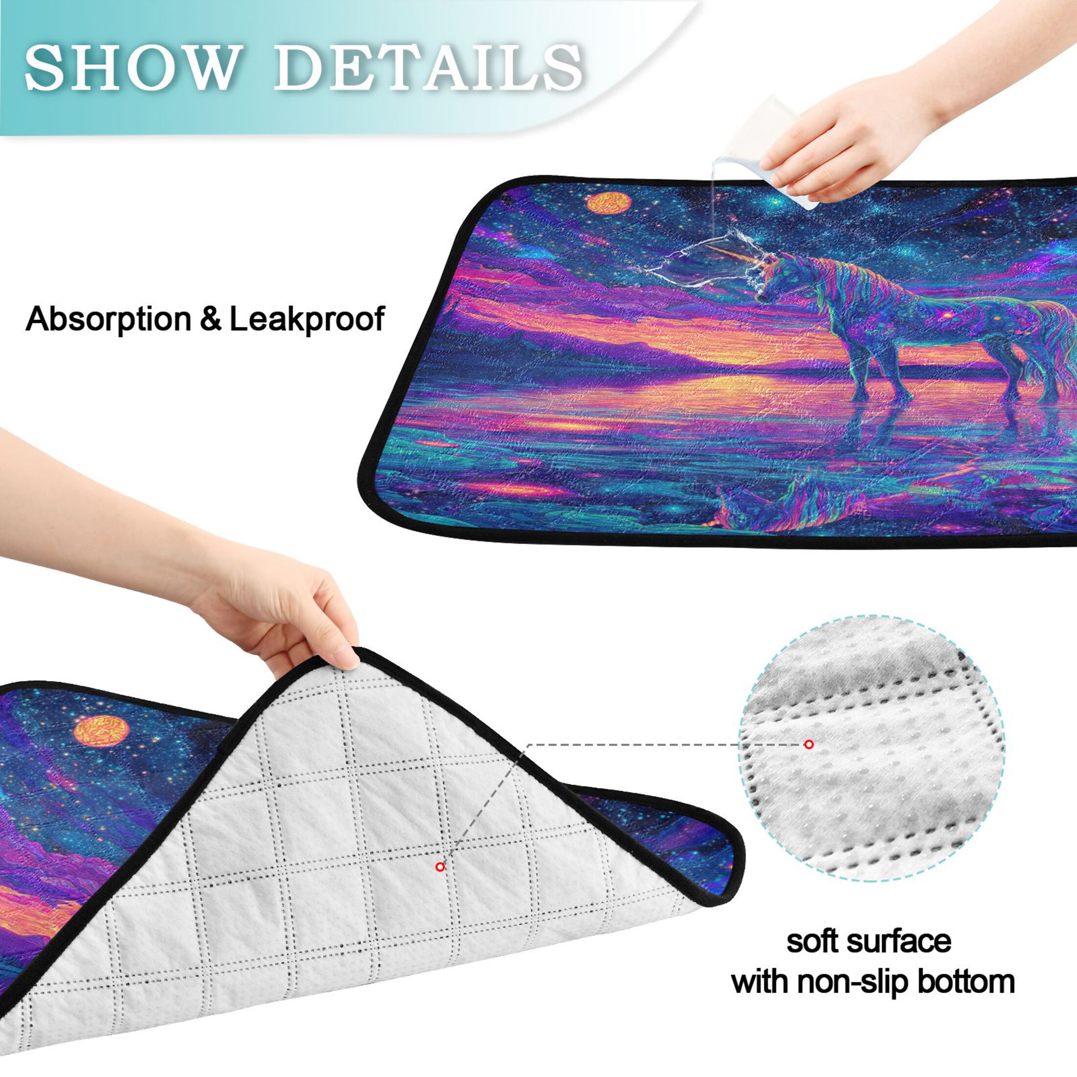 Qxltty Unicorn Horse Cat litter Pads Pet Set of 2 Diaper Mats Center Anti-leakage Layer Absorbent Soft and Comfortable