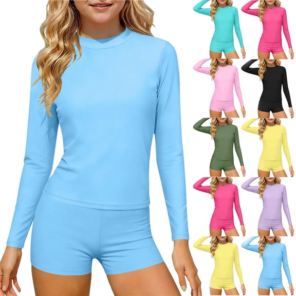Bovxnpu Girls 2 Piece Swimsuit Set Girls Solid Long Sleeve Modest 2 Piece Surfing SwimSuits Soft Set