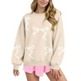 thumbnail image 2 of Women Tops Women's Long Sleeve Sweatshirt Casual Crewneck Loose Fit Pullover Fleece Tops, Bow Print Fall Winter Fashion with Soft Fabric for Comfortable Wear,Beige,L, 2 of 6