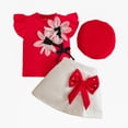 thumbnail image 2 of CUZIBR Toddler Girls 3 Piece Floral Pattern Round Neck Lace Trim Short Sleeve Knitted Ribbed Tops Shirt Cute Bow Solid Short Pleated Skirts Hat able Outfits Spring Travel Clothes,Red,2-3 Years, 2 of 2