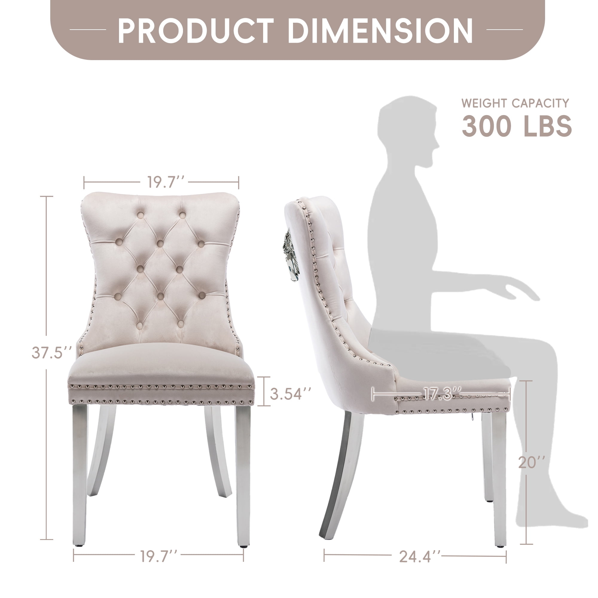 DONICK Velvet Upholstered Dining Chairs,Wing Back Side Chair Tuft Nailhead Ring Pull Metal Legs(Beige,Silver Legs,Set of 2)