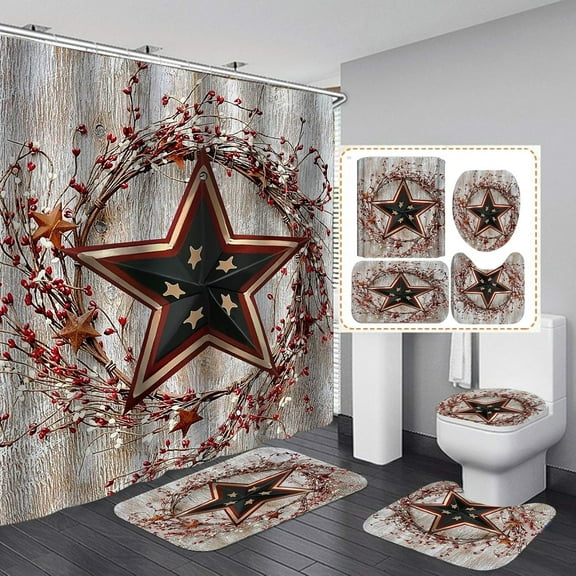 4PCS Western Shower Curtain Set, Country Vintage Brown Barn Door Cowboy Horseshoe Elk Antler Wildlife Animal Hunting Cabin Rustic Farmhouse Bathroom Decor, Non-Slip Bath Mat, Deer Skull