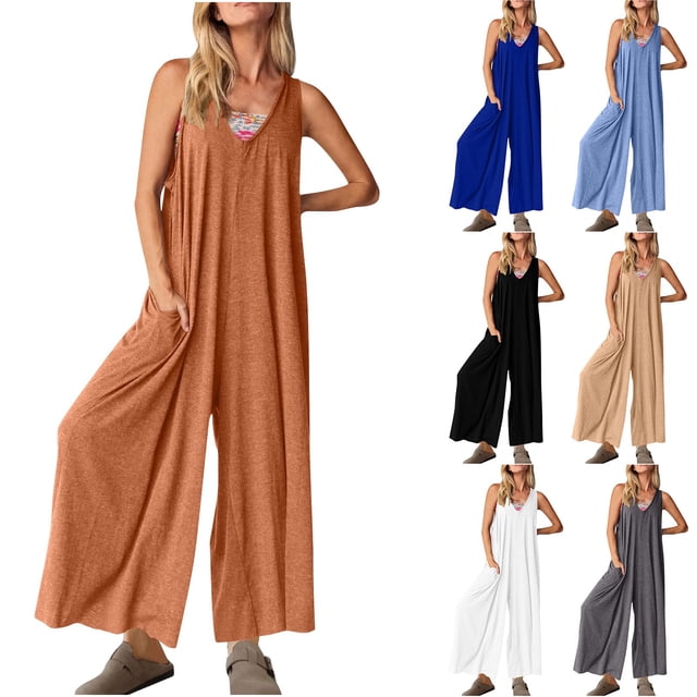 Sentmoon Workout One Piece for Women Plus Size Overalls for Women Sleeveless V Neck Solid Color Loose Fit Boho Rompers for Women Summer for Gym and Workout