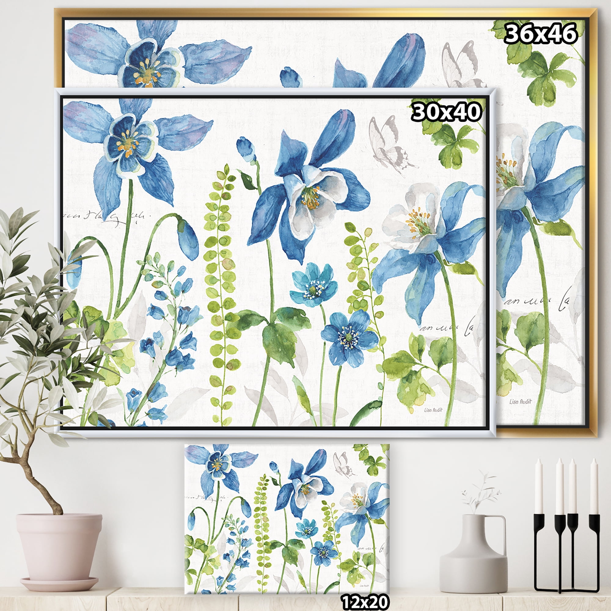 Designart ' Bluebell and Columbine Wild Flowers with Butterfly ' Cabin & Lodge Framed Canvas