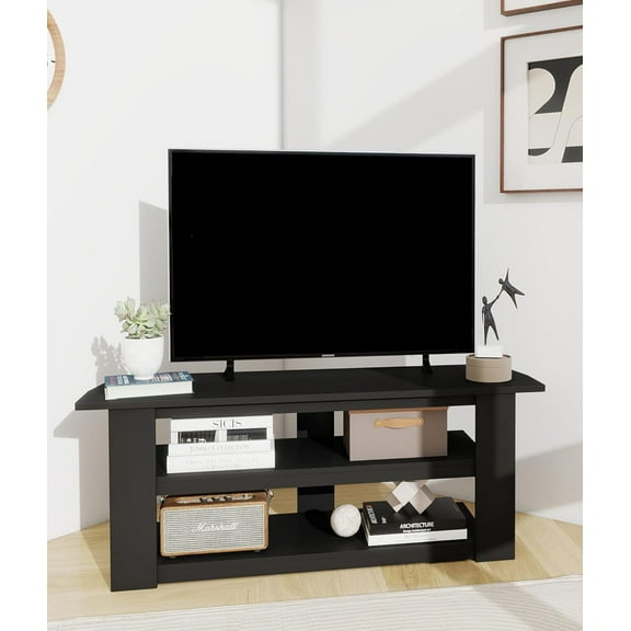 Modern TV Stand for 50" Television, Entertainment Center with Open Storage Shelves, TV Stand for Living Room Bedroom, Black