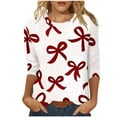 thumbnail image 3 of Feancey Plus Size 3/4 Sleeve Tops for Women Bow Graphic Crewneck Casual Cute Shirts Three-Three-Quarter Length Spring Blouses White L, 3 of 8