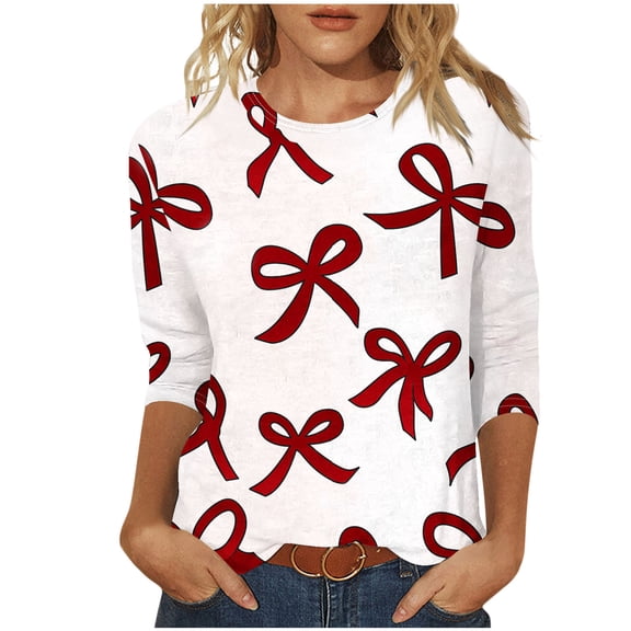 Women's Valentine's T-Shirt Three Quarter Sleeve Bow Print Crewneck Top for Romantic White S