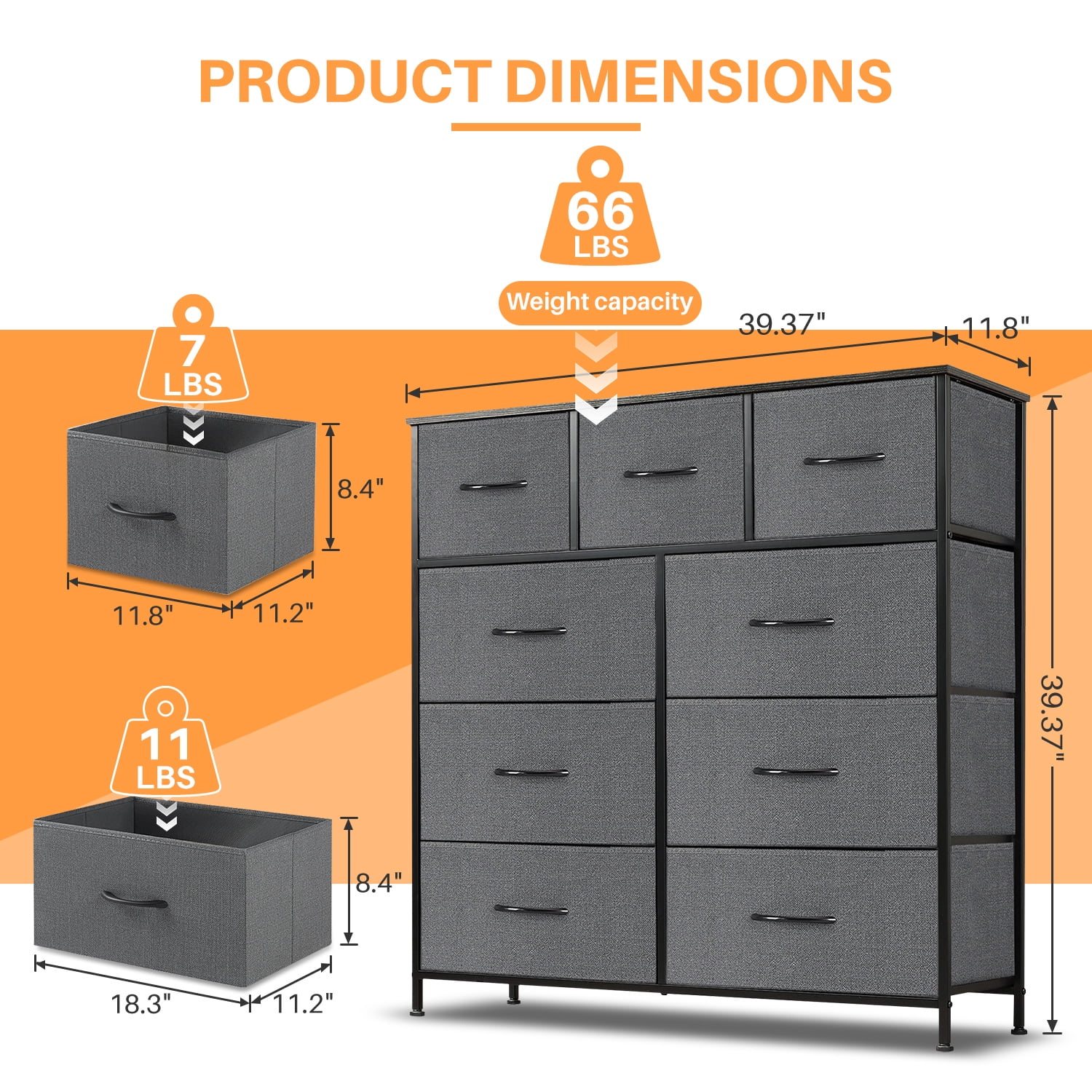 Simenmax 9 Drawers Dresser for Bedroom, Tall Fabric Closet Chests Organizer Tower Furniture with Wooden Top Metal Frame for Clothes, Room, Living Room, Hallway, Entryway,Gray