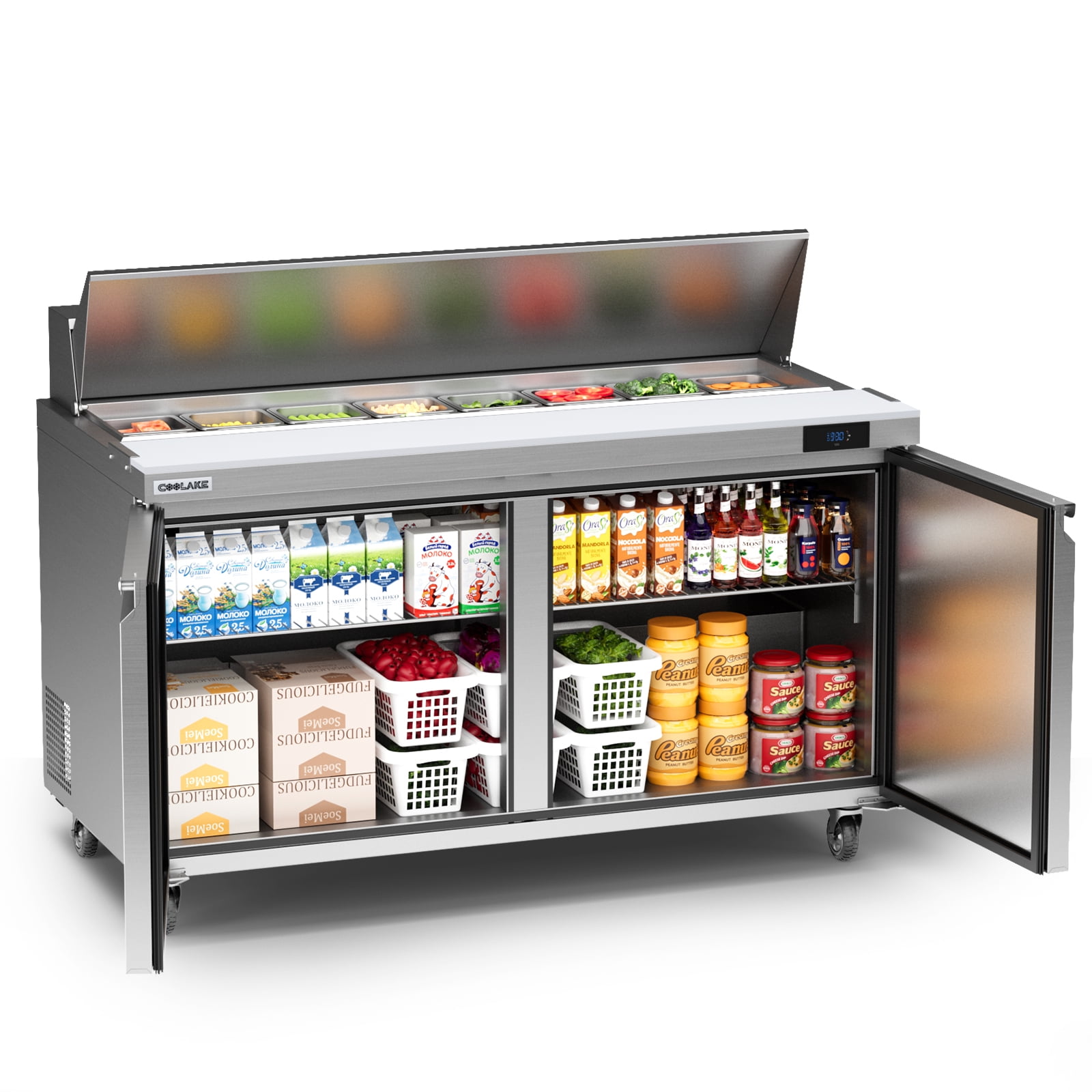 Coolake 60''W Commercial Salad Sandwich Prep Table Refrigerator, 2 Door Stainless Steel 18 Cu.ft Counter Fan Cooling Refrigerator