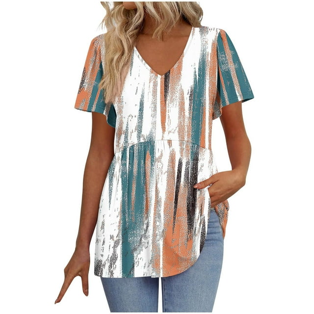 Tops de Ajuste Suelto para las Mujeres Imprimir Plisado Patchwork Cuello en V Manga Corta, Blusa de Moda para el Hogar Y Diario