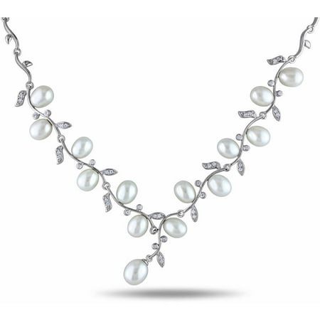 Miabella 6.5-7mm Rice White Cultured Freshwater Pearl and 2/5 Carat T.G.W. Cubic Zirconia Sterling Silver Chevron Vine Necklace, 18