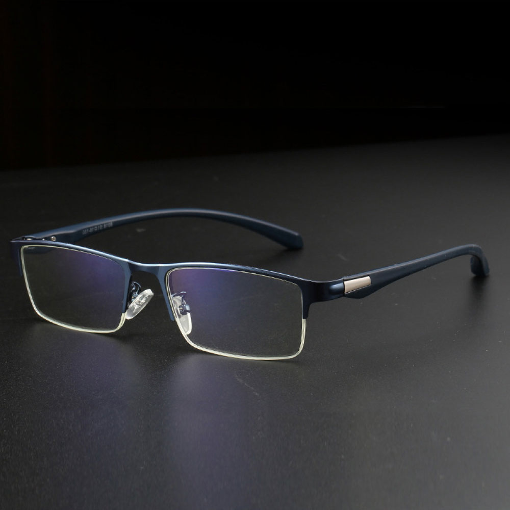 3 Pairs Mens Fashion Blue Light Blocking Half Rimless Reading Glasses 2.0, Metal Blue Spring Hinge Business Rectangle Readers +2.00