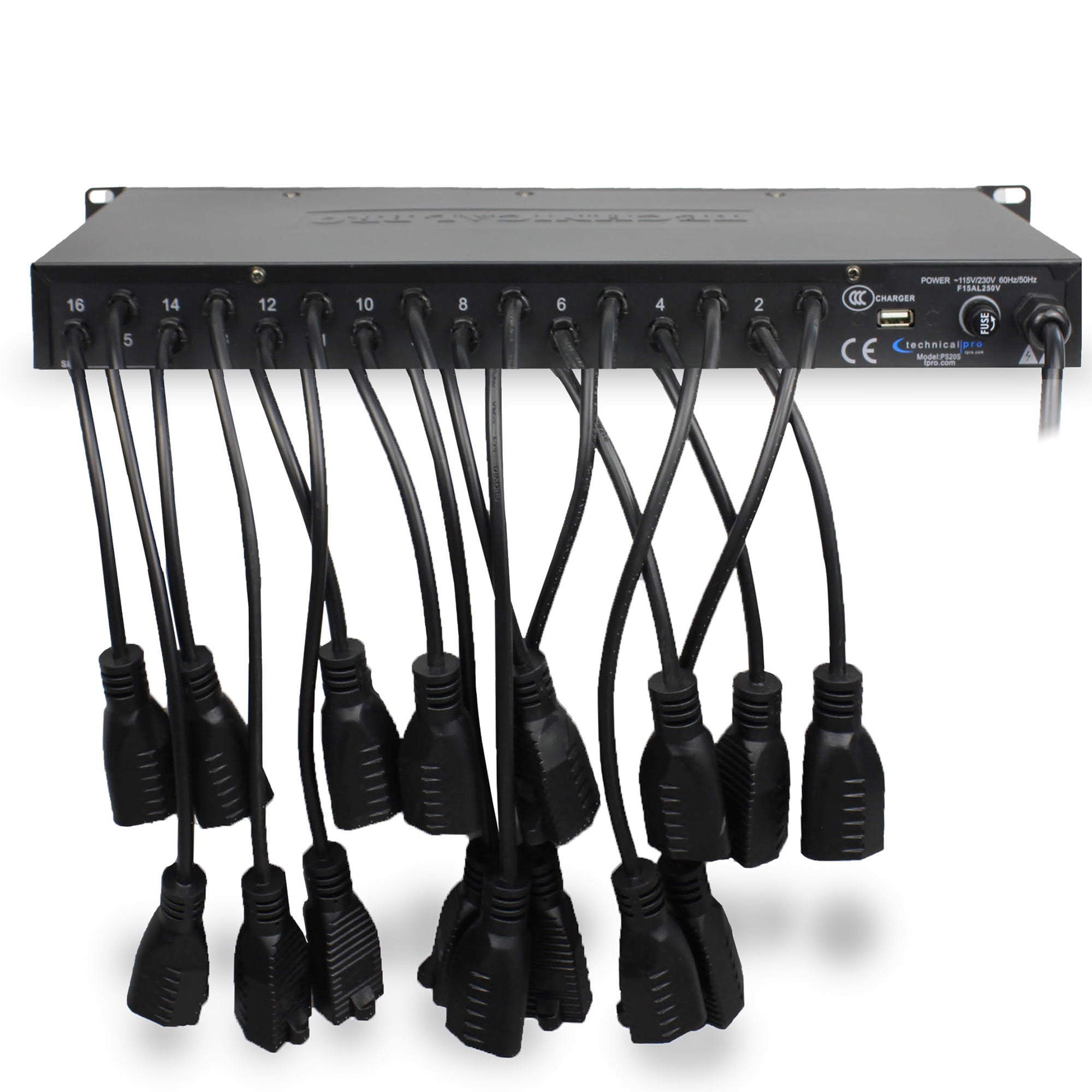 Power Strip Surge Protector, 19-Inch Rack Mount,  20 Outlets – 16 Rear 120V 3-Prong Sockets, 4 Front AC Outlets, 3 USB Ports, 5V Charging, Ideal for Home, Office & Server Rack by Technical Pro