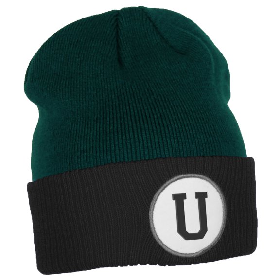 Daxton Custom A to Z Initial Letters Cuff Hat Beanie Warm Knit Skull Cap, DkGreen Black Letter U