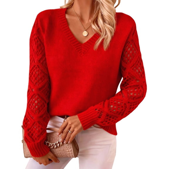 Women V Neck Knit Hollow Openwork Lantern Long Sleeve Ribbed Cuff Loose Fit Knit Pullover Sweater Red S