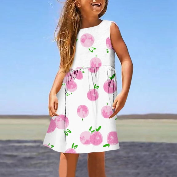 Girls Dresses Fashion Cute Spring Summer Print Round Neck Sleeveless Casual Kids Clothes