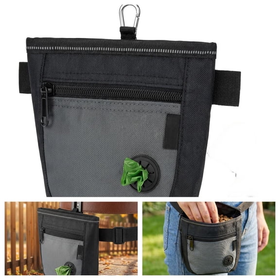 Dog Treat Pouch with Training Clicker - 2 Cup Capacity Treat Bag with Poop Bag Dispenser, Magnetic Closure Waist Belt for Pet Walking, Black and Gray