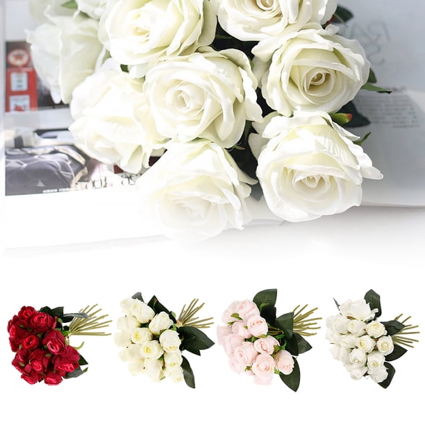18 cabezas de flores artificiales ramo de rosas flores falsas seda de plástico rosas artificiales rosas de seda falsa ramo de boda nupcial decoración del hogar Muyoka Hogar