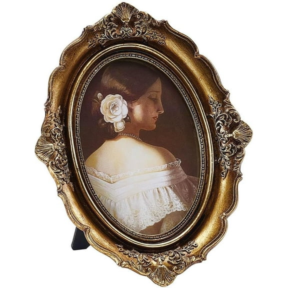 Vintage Picture Frame Retro Oval Carved Photo Frame with Paper Card for Tabletop and Wall Display Gold 8.27x6.5x1inch