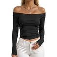thumbnail image 2 of Long Sleeve Shirts for Women Y2k Crop Top Off Shoulder Ruched Fitted Tshirt Blouse Going out Tops, 2 of 4