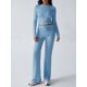 thumbnail image 4 of Conjuntos de 2 Piezas para Mujer, Larga, Cuello Redondo, Pantalones Acampanados de Cintura Alta, Conjuntos de Chándal, Ropa de Calle. Azul L, 4 of 9