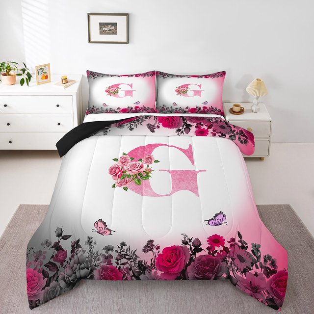 Erosebridal Letter Bedding Twin Comforter Set For Teens,Rose Flower Down Comforter,Butterfly Room Decorative,Reversible,Lightweight,2-Piece