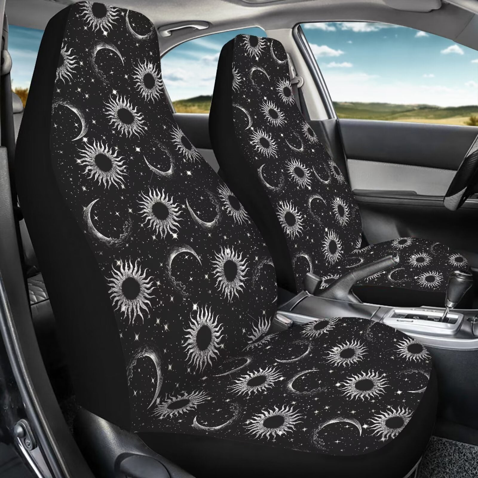 Uourmeti Celestial Moon Sun Star Print 2 Piece Car Seat Covers Front Seats Only Universal Bucket Seat Protector for Suv Van Trucks Black Car Accessories for Women Interior Cute Set