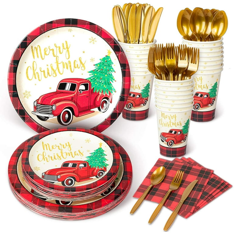  DECORLIFE Large Christmas Plates Serves 24, Christmas Paper  Plates, Cups, Buffalo Plaid Napkins, Cutlery Included for Xmas Party, Total  168PCS : Health & Household