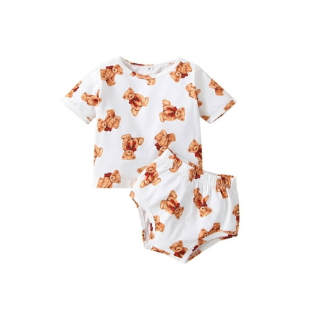

Canrulo Newborn Kids Baby Boys Girls 2PCS Sets Bear Printed Clothes T shirt Tops Elastic Waist Shorts Outfits Bear 12-18 Months