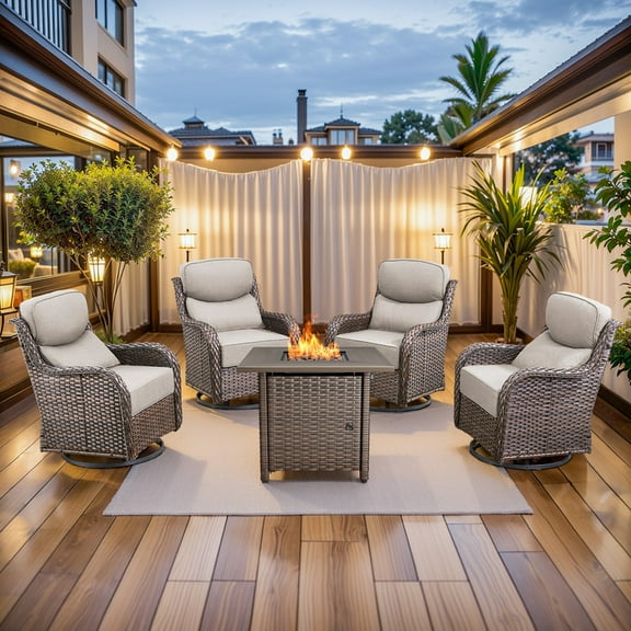 PARKWELL 5-Piece Outdoor Patio Furniture High Back Conversation Set with Swivel Glider Chairs and Fire Pit Table,50,000 BTU,Luxury 6" Thick Cushions,Wicker Patio Set for Deck, Backyard,Brown/Beige