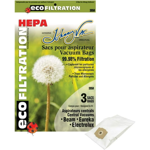 Johnny Vac HEPA Central Vacuum Bag 395H - Compatible with Beam, Eureka, Electrolux, Kenmore, Nilfisk (Pack of 3)
