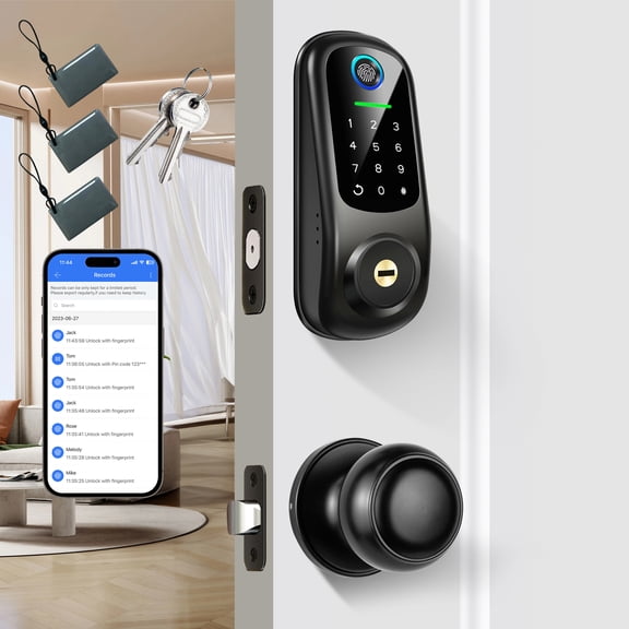 BEBASIA Smart Door Lock Set for Front Door,7-in-1 Fingerprint Deadbolt with App Control, Keyless Entry Door Lock with 2 Lever Handles, Biometric,Touchscreen Keypad, Auto Lock, Black