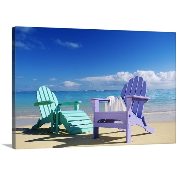 Great BIG Canvas | "Colorful Beach Chairs On Beach, Calm Waves Washing Ashore" Canvas Wall Art - 24x16