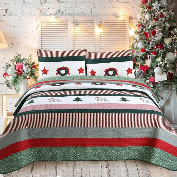 Cozy Line Home Fashions Cozy Line Christmas Wreath 3-Piece Quilt Bedding Set King