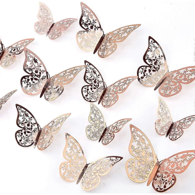 SZTXJ 24pcs 3D Butterfly Wall Stickers 3 Sizes Butterfly Wall Decals Room Wall Decoration for Bedroom Party Wedding Decors(Rose Gold)