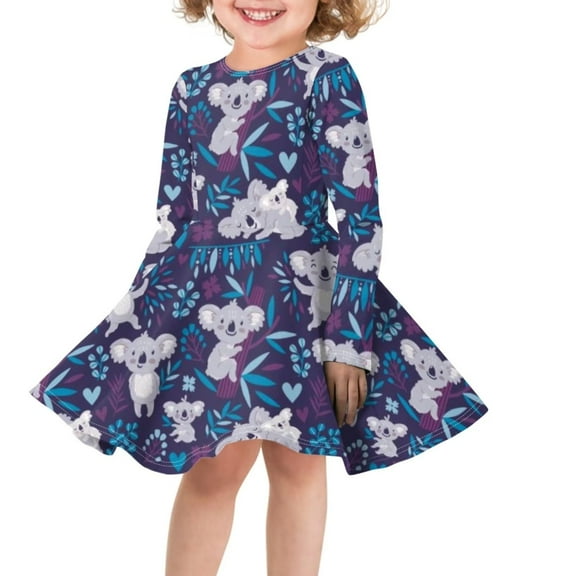 FKELYI Cute Koala Long Sleeve Dress Size 7-8 Y Durable Leaves Crew Neck Swing Twirl Skater Dress Soft Cute Long Sleeve Dresses for Teen Girls