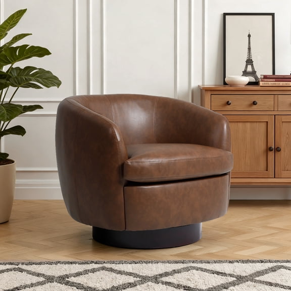 UIXE PU Leather Swivel Barrel Accent Chair, Comfy Round Upholstered Armchair Reading Chair for Living Room, Barrel Club Chairs Bedroom, Brown
