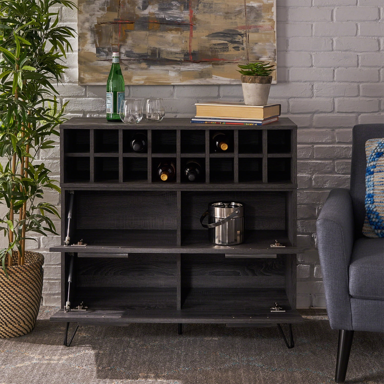 Kadyn Mid Century Fiberboard Wine Cabinet, Modern Bar Cabinet for Home Bar, Fiberboard Wine Bar Cabinet with Storage Space, Plaid Grey Oak