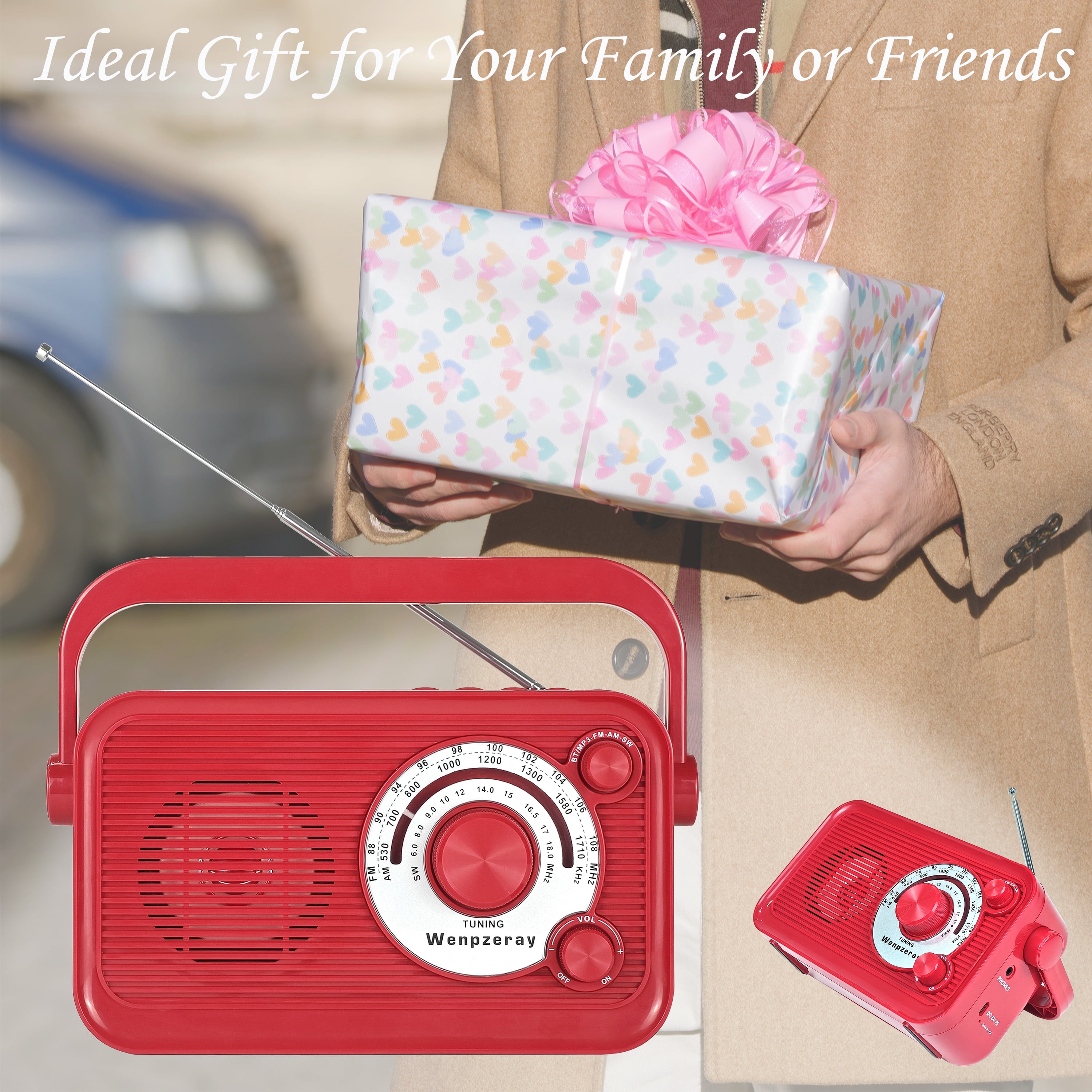 Camping Emergency AM FM Shortwave Radio, DSP Chip Bluetooth Speaker, Type-C Charging Retro Portable Radio Wenpzeray D218 (Red)