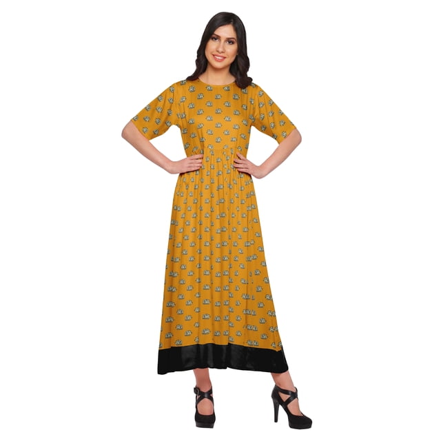 Moomaya Robe Kurti Tunique Longue Ligne A pour Femmes, Manches au Coude, Kurti Décontractée Imprimée