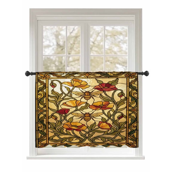 Sheer Curtains 54 Inch Length, Vintage Bees Semi Sheer Curtains Light Filtering Window Treatment, Country Retro Animal Flowers Yellow Brown Privacy Voile Drapes for Living Room Bedroom 52x54 Inch