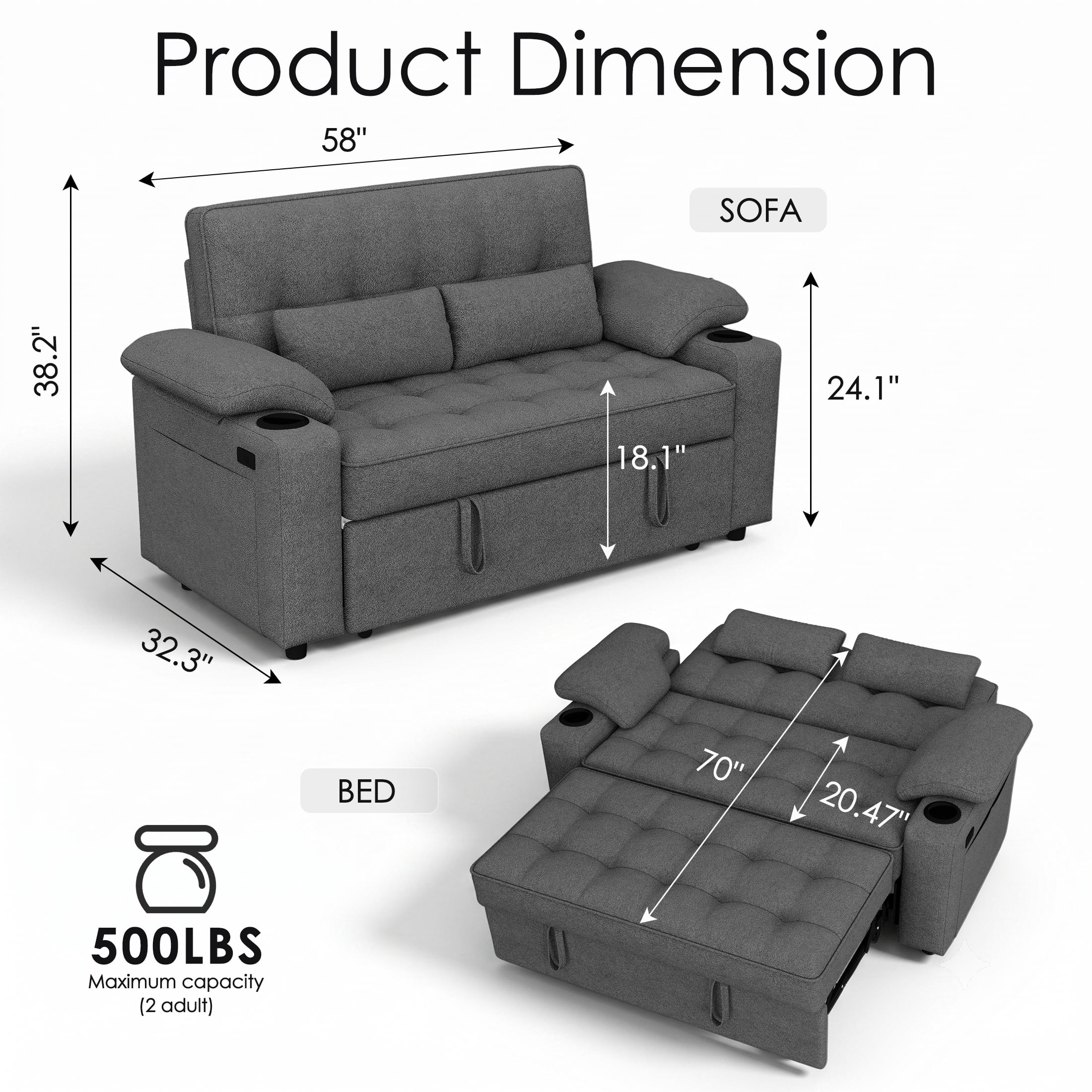58" Convertible Sleeper Sofa Bed, Full Size Pull Out Couch with USB Charging, Cup Holders, Adjustable Backrest & Side Pockets, Towel Fabric Loveseat for Living Room, Apartment, Office (Dark Gray)