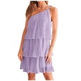 thumbnail image 1 of Women‘s Summer One Shoulder Chiffon Mini Dress Casual Ruffle Pleated Tiered Flowy Short Dresses, 1 of 7