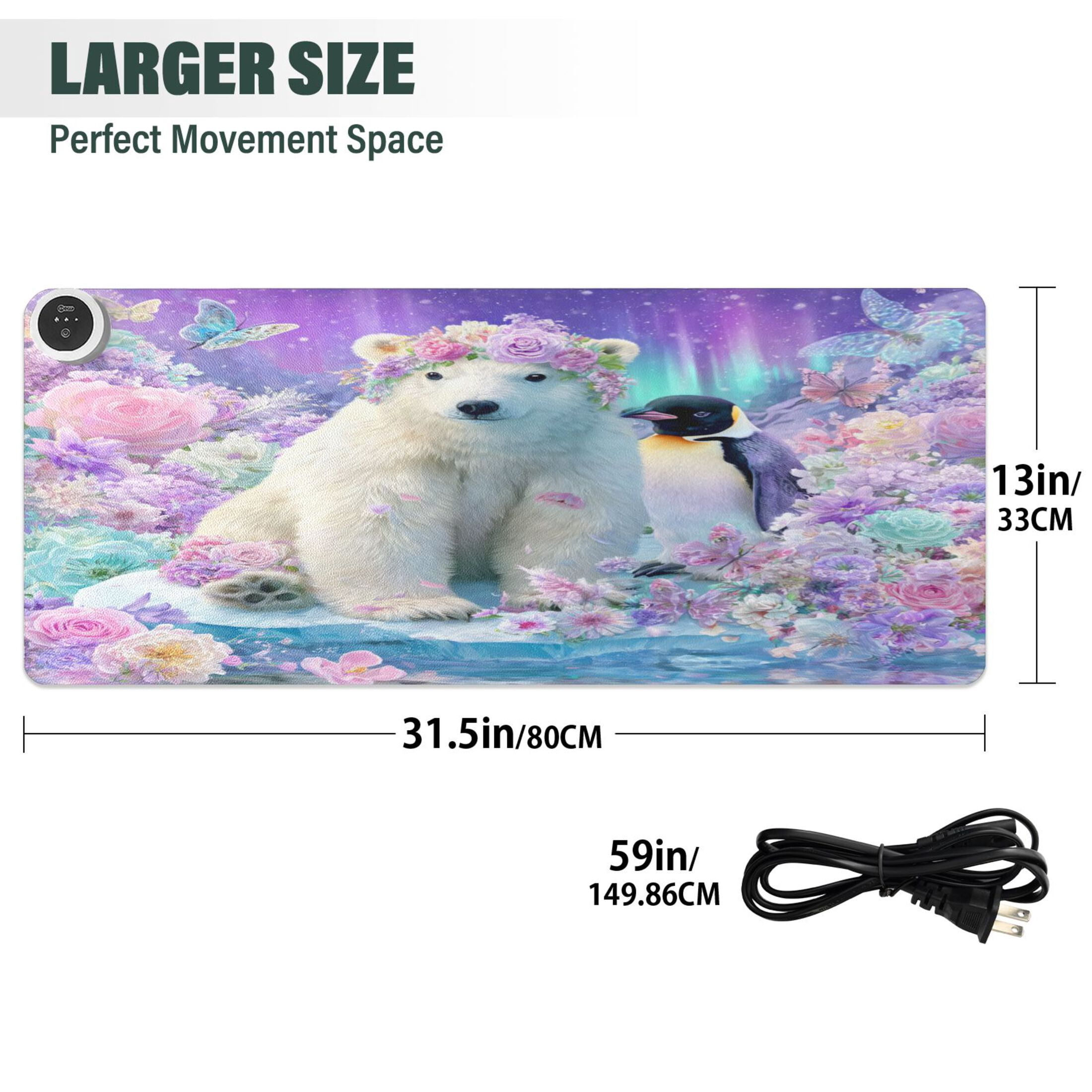 Large Heated Desk Mat Mouse Pad 31.5"x13"PU Leather Graphene Heating Desk Warmer with 3 Temperature Settings 110V US Plug Non-Slip Warm Pad for Home, Office, and Gaming Polar Bear and Penguin Pattern