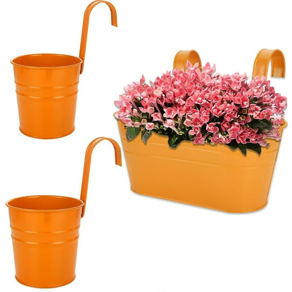 Hanging Flower Pot 3 Pcs Balcony Hanging Planters Metal Iron Railing Planter Box Flower Plant Holder,Round Hanging Bucket Pots with Detachable Hooks for Garden Balcony Fence Wall, 2 Size